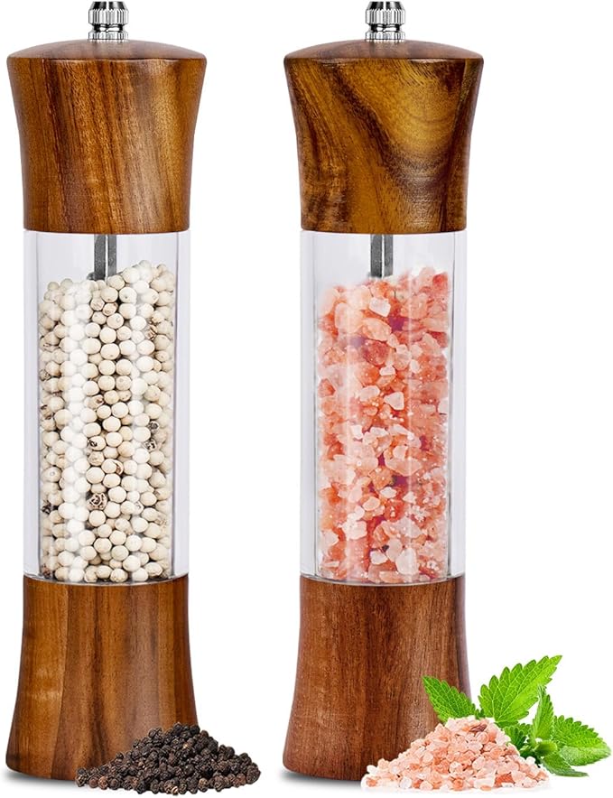 XWXO Acacia Wood Premium Acrylic Salt and Pepper Grinder Set 8 Inches Salt and Pepper Mill Set, Manual Mills- Wooden Shakers with Adjustable Ceramic Core 2 Pack for Kitchen Home Gift by XWXO
