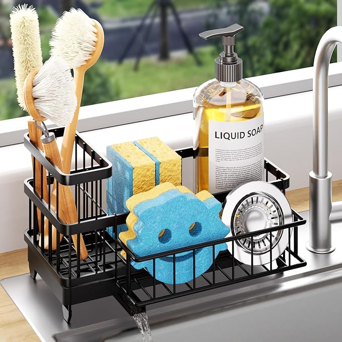 Consumest Sponge Holder for Kitchen Sink - Auto Draining Sink Caddy Organizer with Detachable Rack, High Brush Holder, Kitchen Countertop Storage Accessories, Black by Consumest