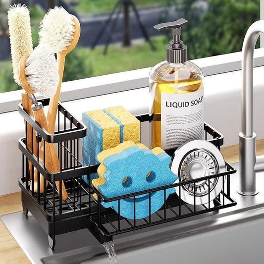 Consumest Sponge Holder for Kitchen Sink - Auto Draining Sink Caddy Organizer with Detachable Rack, High Brush Holder, Kitchen Countertop Storage Accessories, Black by Consumest
