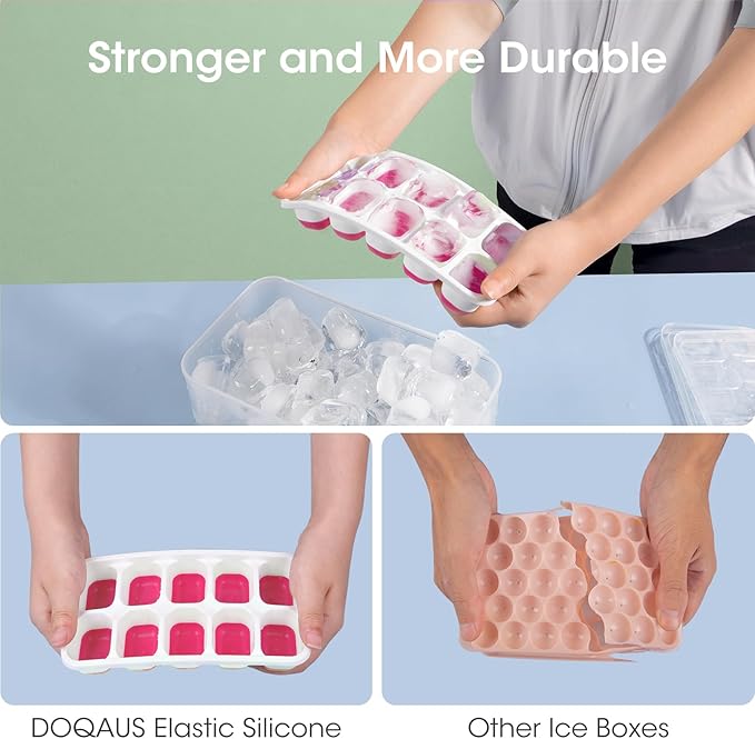 DOQAUS Ice Cube Tray with Lid and Bin - 4 Pack Silicone Ice Cube Trays for Freezer, Stackable Ice Bucket Kits with Storage Container & Scoop for Kitchen, RV, Cocktail, Coffee - Image 6