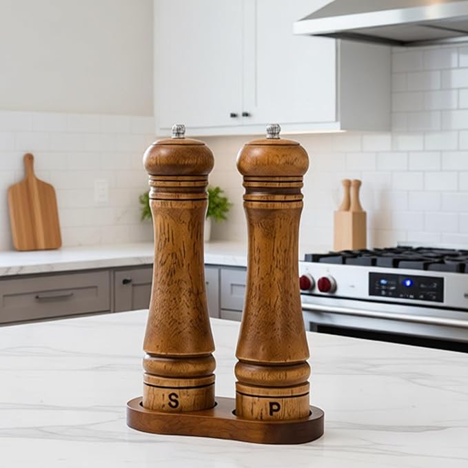 Wooden Salt and Pepper Grinder Set, Premium Oak Wood Salt Grinders Shakers, Pepper Mill with S and P Engraving, Adjustable Ceramic Grinder (8″ - 2 Packs with Tray) - Image 4