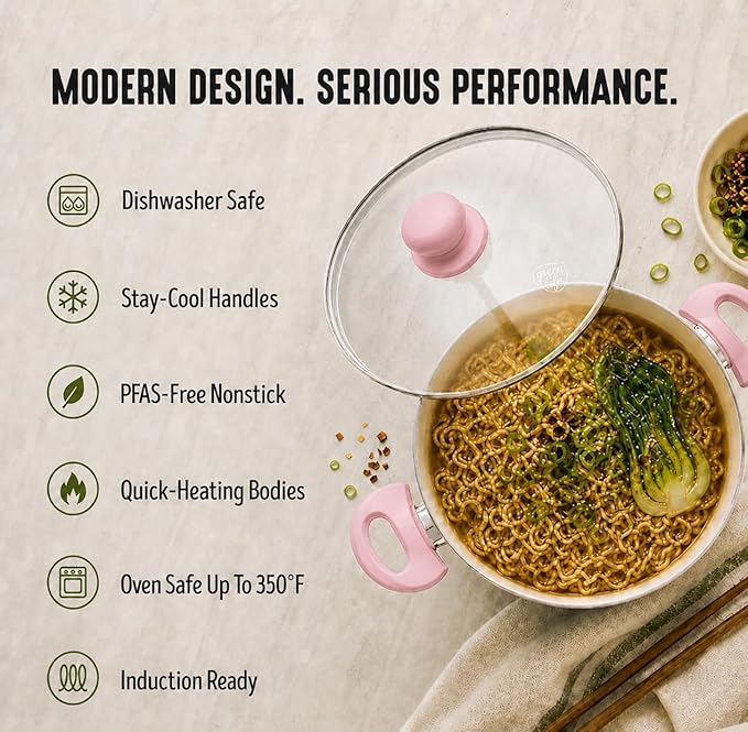 GreenLife 5 Quart Nonstick Stock Pot with Lid, Non-Toxic Ceramic Pot, Dishwasher Safe, Induction Ready, Fast Heating, Stay-Cool Handles, Kitchen Casserole, Soup, Pasta, Easy Clean, Blush Pink