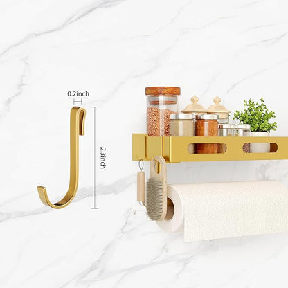 Paper Towel Holder Wall Mount for Kitchen, Paper Towel Holder with Shelf for Bathroom, RV Paper Towel Rack with 2 Hooks, Gold