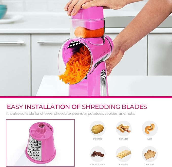SUSTEAS Rotary Cheese Grater with Handle - Vegetable Shredder with 5 Well-designed Blades & Strong Suction Base,Round Mandoline Slicer & Food Chopper for Kitchen,with Blade Storage Box(Pink) - Image 5