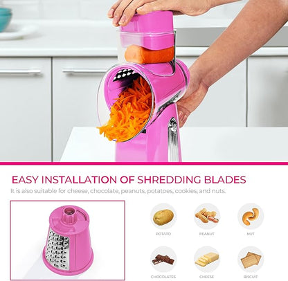 SUSTEAS Rotary Cheese Grater with Handle - Vegetable Shredder with 5 Well-designed Blades & Strong Suction Base,Round Mandoline Slicer & Food Chopper for Kitchen,with Blade Storage Box(Pink) - Image 5