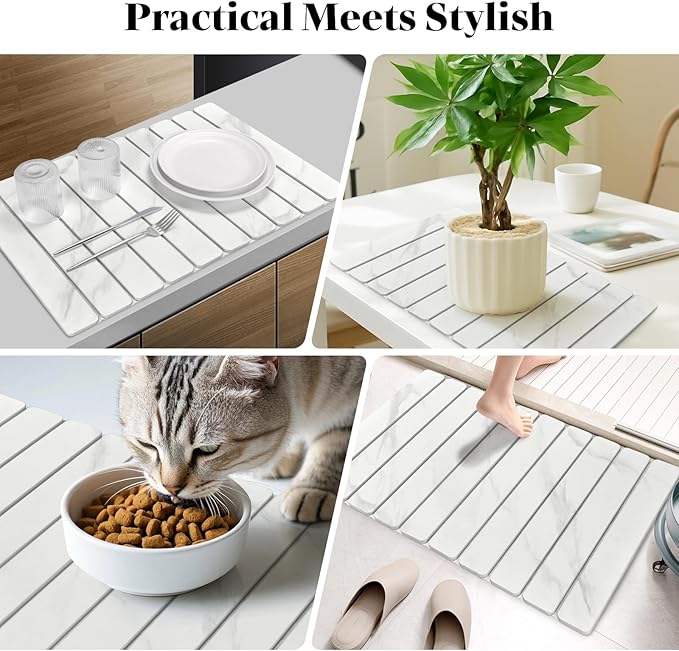 2 PCS Large Stone Dish Drying Mats for Kitchen Counter, 24"(L)×16"(W) Marble-Pattern Dish Drying Mat with 8"x 4" Coasters, Eco-Friendly Diatomite Dish Drying Mat - Fits All Countertops - Image 7