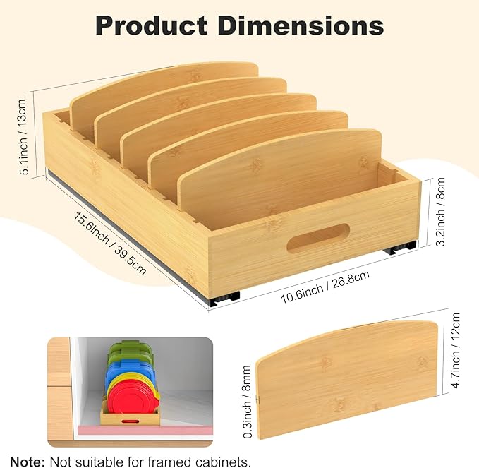 Housolution Pull Out Food Container Lid Organizer with Sliding Rail, Slide Out Plastic Lid Holder Compatible with Tupperware, Bamboo Storage Box with 5 Adjustable Dividers for Kitchen Cabinet, 2 Pack - Image 6