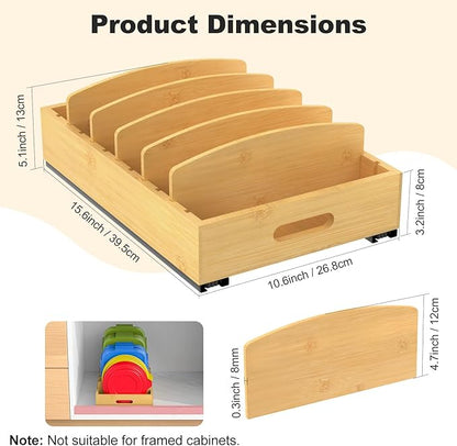 Housolution Pull Out Food Container Lid Organizer with Sliding Rail, Slide Out Plastic Lid Holder Compatible with Tupperware, Bamboo Storage Box with 5 Adjustable Dividers for Kitchen Cabinet, 2 Pack - Image 6