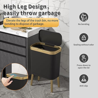Procade Office Trash Can with Lid, Black Bathroom Trash Can with Gold Edge, Modern Narrow Garbage Can with Legs, Slim Plastic Trash Bin for Bedroom, Living Room,Kitchen,Toilet, 4 Gallon