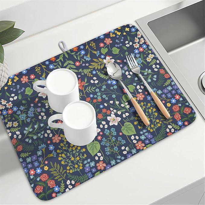 Flower Floral Dish Drying Mat 18x24 inch Microfiber Navy Blue Drying Mats with Hanging Loop Absorbent Green Leaves Dish Drainer Mat Reversible Flowers Drying Pad for Kitchen Counter Sink - Image 6
