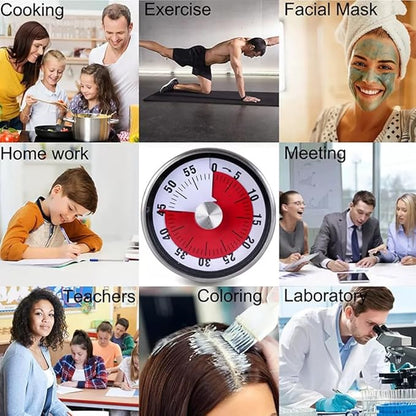 Mechanical Kitchen Timer, 60-Minute Wind Up Countdown Timer with Magnetic Back, Stainless Steel, Loud Alarm, Red White for Cooking Baking Classroom