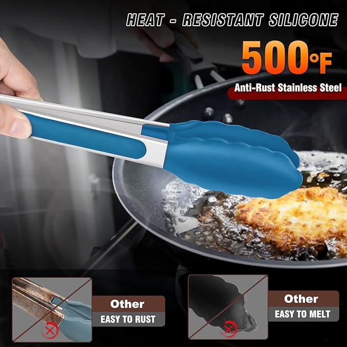 Walfos Kitchen Tongs - 7" 9" and 12" Heat Resistant Food tongs, Thickened Stainless Steel and BPA Free Silicone Tips, Great for Cooking, Grilling, Turning, Dishwasher safe(3 blue silicone tongs) - Image 3