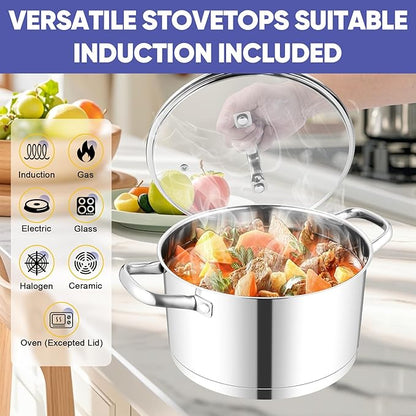 TeamFar 8QT Stock Pot with Lid, Stainless Steel Tri-ply Bottom Cooking Pot for Vegetable Pasta Soup, Works with Induction/Gas/Glass/Ceramic Stoves, Non-toxic & Sturdy, Straight Side & Riveted Handles - Image 5