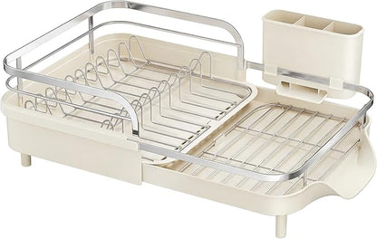 SAYZH Dish Drying Rack - Expandable Dish Rack for Kitchen Counter, Rust-Resistant Dish Drainer with Utensil Holder and Raised Guardrail, Kitchen Organizer for Cup and Bottle (Beige) by SAYZH