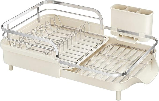 SAYZH Dish Drying Rack - Expandable Dish Rack for Kitchen Counter, Rust-Resistant Dish Drainer with Utensil Holder and Raised Guardrail, Kitchen Organizer for Cup and Bottle (Beige) by SAYZH