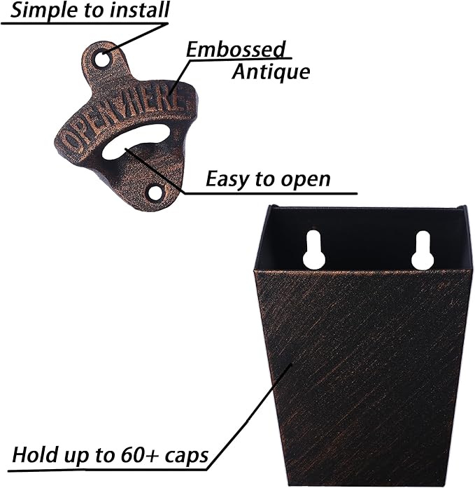 Antique Copper Cast Iron Beer Bottle Opener Wall Mounted Soda Drink Bottle Top Opener with Cap Catcher Narrow for Table Cooler Post - Image 2