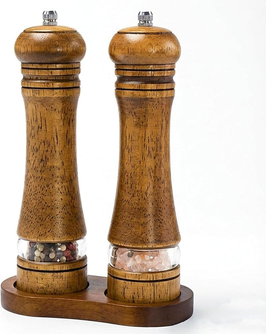 Wooden Salt and Pepper Grinder Set, Premium Oak Wood Salt Grinders Shakers, Pepper Mill with Acrylic Clear Window, Adjustable Ceramic Grinder (8″ - 2 Packs with Tray)