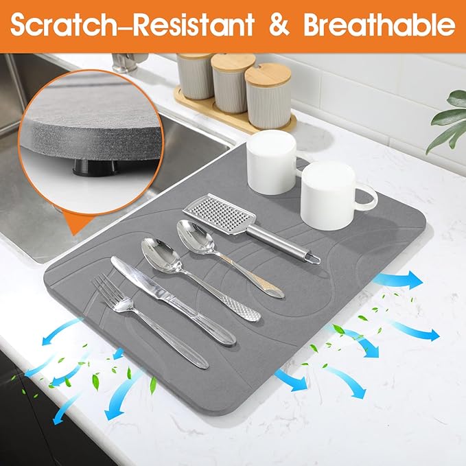 Snuggery Stone Drying Mat for Kitchen Counter - 18"x14" Dirt-Resistant Quick Drying Fast Absorbent Non-Slip Diatomite Mat, Natural Diatomaceous Earth Dish Drying Pad for Dish Rack(Dark Grey) - Image 5