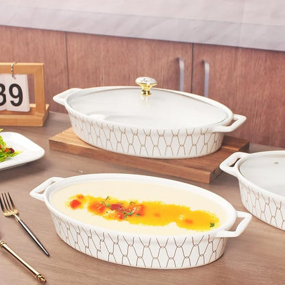 insongdafa 11" x 7.5" Ceramic Oval Casserole Dish with Glass Lid, 1.3 QT Serving Soup Tureen,Chafing Dish for Buffet, Family Food preserve Tray, Catering Casserole for Party Style