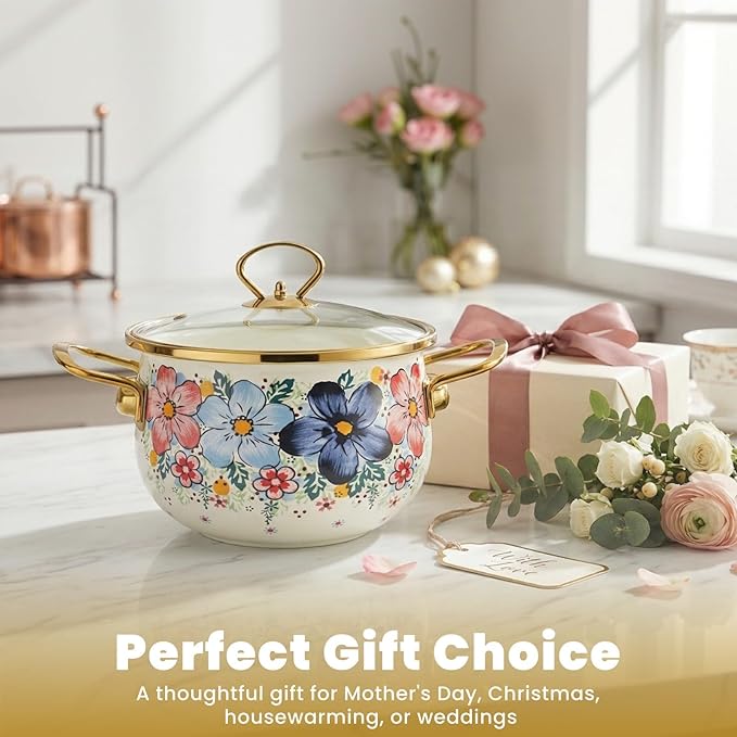 SOUJOY 3 Quart Enamel Cooking Pot with Glass Lid, Non-Stick Soup Pot with Handle, Vintage Floral Bean Stew Simmer Pot for Kitchen, Induction & Gas Stove Safe, Mother's Day, Wedding, Christmas Gift - Image 8