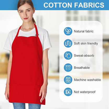Jubatus 2 Pack 3 Pockets 100% Cotton Adjustable Bib Apron Chef Kitchen Cooking Aprons for Women Men, Red - Image 4