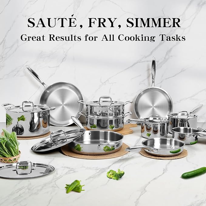 EWFEN Stainless Steel Cookware Set, 3 Ply 17 Piece Stainless Steel Pot and Pan Set, Oven Dishwasher Safe | Induction Compatible Frying Pans, Saucepans, Saute Pan & Stock Pot, PFOA, PTFE & PFOS Free - Image 6