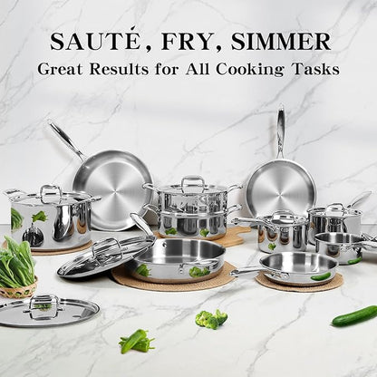 EWFEN Stainless Steel Cookware Set, 3 Ply 17 Piece Stainless Steel Pot and Pan Set, Oven Dishwasher Safe | Induction Compatible Frying Pans, Saucepans, Saute Pan & Stock Pot, PFOA, PTFE & PFOS Free - Image 6