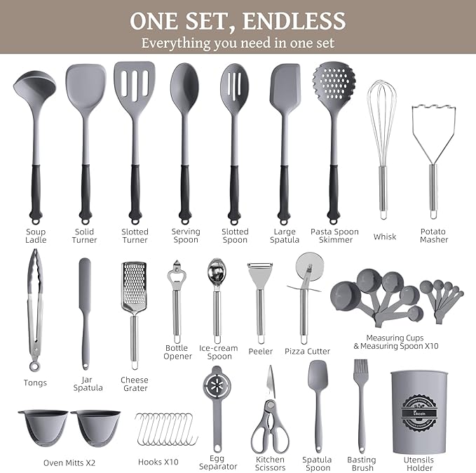 Kikcoin 43Pcs Large Kitchen Utensils Set - Silicone Cooking Utensils Set, Dishwasher Safe Spatula Set for Non-stick Cookware, 446°F Heat Resistant Kitchen Utensils Set with Holder BPA Free, Grey - Image 2