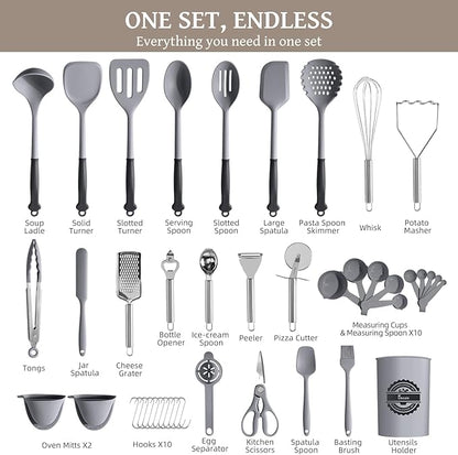 Kikcoin 43Pcs Large Kitchen Utensils Set - Silicone Cooking Utensils Set, Dishwasher Safe Spatula Set for Non-stick Cookware, 446°F Heat Resistant Kitchen Utensils Set with Holder BPA Free, Grey - Image 2