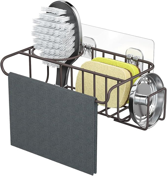 HapiRm 4 in 1 Adhesive Kitchen Sink Organizer, SUS304 Stainless Steel Brush Holder + Dish Cloth Hanger + Soap Rack + Sink Stopper Holder, No Drilling Sponge Caddy for Kitchen - Bronze by HapiRm