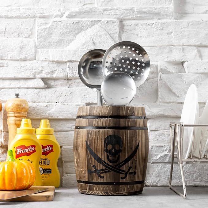 MyGift Rustic Burnt Wood Pirates Rum Cask Style Kitchen Utensil Crock, Vintage French Wine Barrel Cooking Tools Holder with Skull and Cutlass Sword Design - Image 3