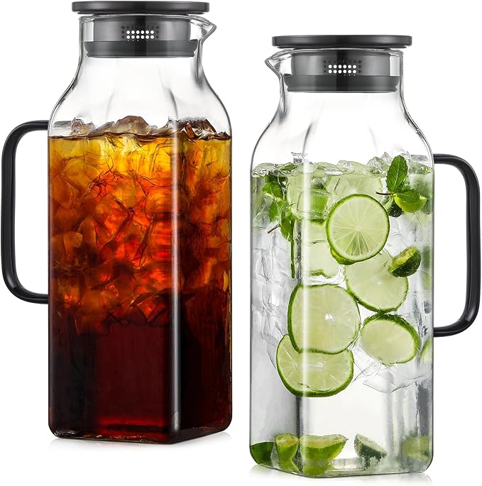 2 Pack 2 Liters/68 oz Square Glass Pitcher with Lid and Handle for Fridge, Iced Tea and Coffee Carafe Beverage Serveware, Heat Resistant Borosilicate Water Black Jug for Hot/Cold Drinks and Milk by NETANY
