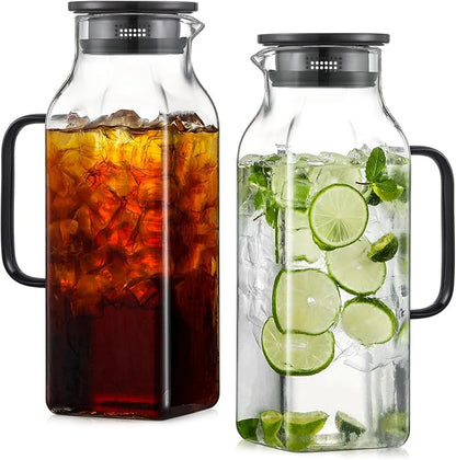 2 Pack 2 Liters/68 oz Square Glass Pitcher with Lid and Handle for Fridge, Iced Tea and Coffee Carafe Beverage Serveware, Heat Resistant Borosilicate Water Black Jug for Hot/Cold Drinks and Milk by NETANY