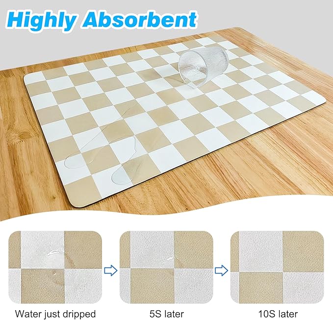 CooRug Checkered Dish Drying Mat for Kitchen Counter, Absorbent Non-Slip Coffee Mat, Heat Resistant Mat for Countertops Coffee Bar Decor 17" x 32" Khaki - Image 4