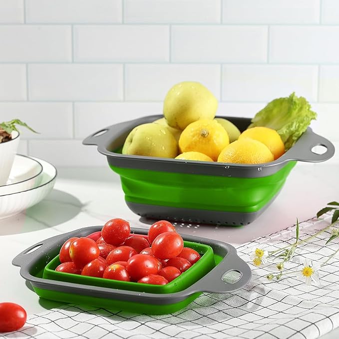 2 PCS Collapsible Colander, Collapsible Strainers for Kitchen, 11.5 inch Silicone Strainer and 9.5 inch Silicone Colander for Draining Vegetable fruit, Kitchen Food Strainer, Blue (Green) - Image 5