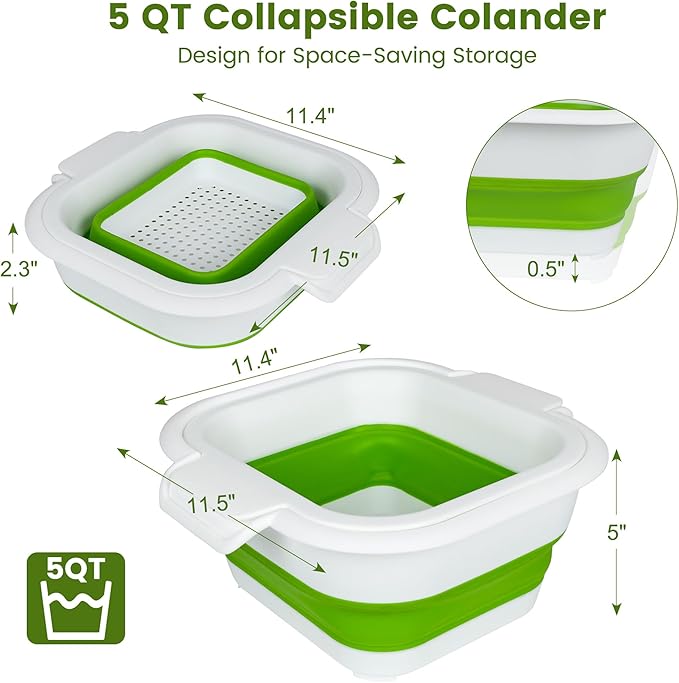 Collapsible Colander Set with Strainer Bowl, 2 in 1 Fruit Washing Basket with Strainer, 5 + 3 QT Plastic Colanders for Kitchen, Foldable Double Layered Colander Bowl for Berry, Vegetable, Green - Image 2