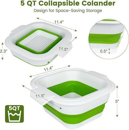 Collapsible Colander Set with Strainer Bowl, 2 in 1 Fruit Washing Basket with Strainer, 5 + 3 QT Plastic Colanders for Kitchen, Foldable Double Layered Colander Bowl for Berry, Vegetable, Green - Image 2