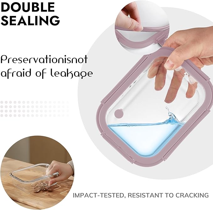 10-Pack Glass Food Storage Containers with Tempered Lids – Borosilicate, Airtight, Oven-Safe (-4°F~950°F), BPA-Free, 4.4 & 1.6 Cup, Leak-Proof, Dishwasher Safe (Pink) - Image 3
