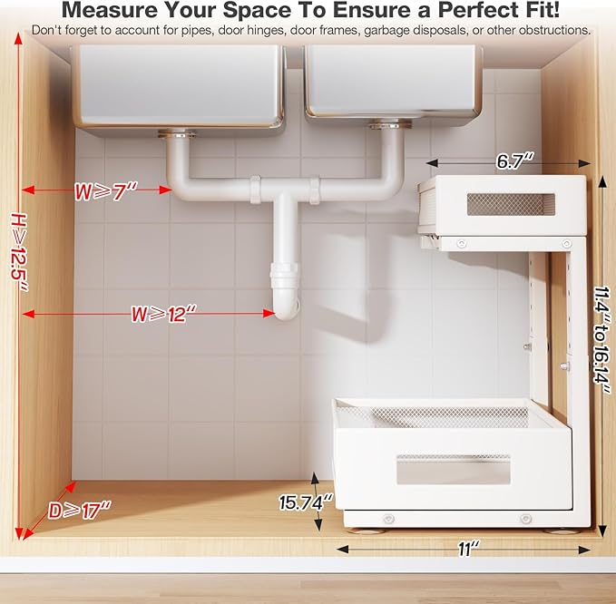 2-Pack Under Sink Storage Organizer, Large 2-Tier Elegant Mesh Pull Out Shelf for Kitchen and Bathroom Cabinet Organization, L-Shaped and Adjustable Height Design for Maximum Space Efficiency-White - Image 2