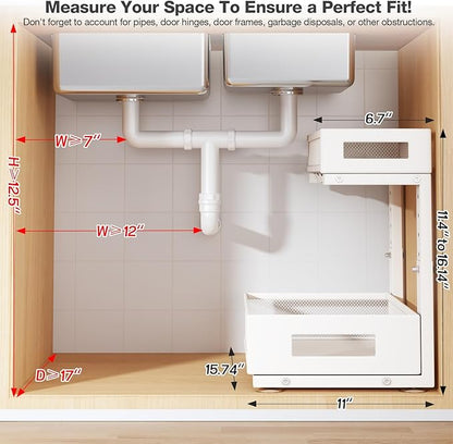2-Pack Under Sink Storage Organizer, Large 2-Tier Elegant Mesh Pull Out Shelf for Kitchen and Bathroom Cabinet Organization, L-Shaped and Adjustable Height Design for Maximum Space Efficiency-White - Image 2