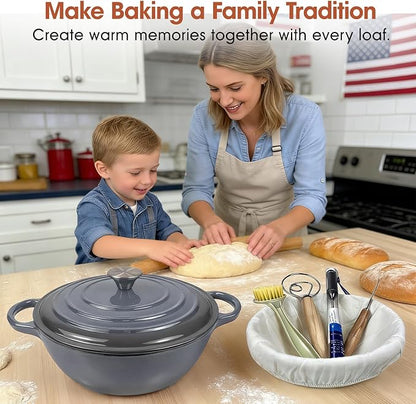 5QT Enameled Cast Iron Dutch Oven for Bread & Multi-Cooking – Complete Sourdough Starter Kit with Lid ,Probe Thermometer, Proofing Basket, Silicone Sling & Gift Packaging Bags,Oven Safe up to 500°F(Gray)
