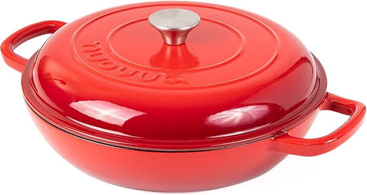 Shallow Cast Iron Casserole with Lid – Non Stick Dutch Oven Pot, Oven Safe up to 500° F – Sturdy Ovenproof Stockpot Cookware – Enamelled Cooking Pot – Red, 3.7-Quart, 30cm – by Nuovva