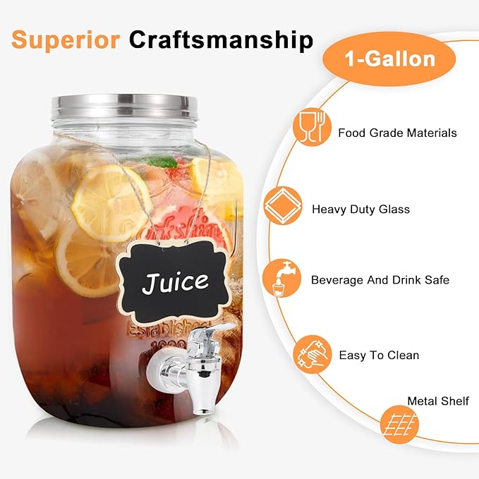 Drink Dispenser With Spigot,1 Gallon Glass Drink Dispensers For Parties,Beverage Dispenser with Fruit Infuser Sun Tea,Lemonade & Juice Dispenser for Parties, BBQ,Picnic,Weddings & Events - Image 3