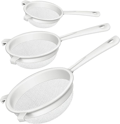 3 Pcs Plastic Nylon Mesh Strainer Colander with Handle Double Ear Fine Food Mesh Strainer Flour Sifter for Baking Kitchen Colander Sifter Kefir Tea Juice Pasta(3 Inch, 5 Inch, 7 Inch)