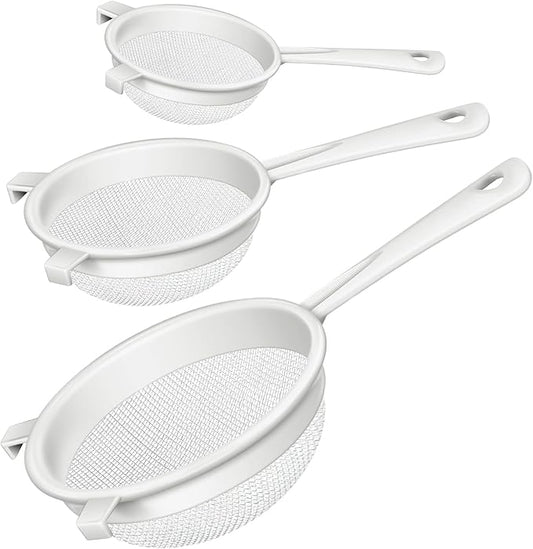 3 Pcs Plastic Nylon Mesh Strainer Colander with Handle Double Ear Fine Food Mesh Strainer Flour Sifter for Baking Kitchen Colander Sifter Kefir Tea Juice Pasta(3 Inch, 5 Inch, 7 Inch)