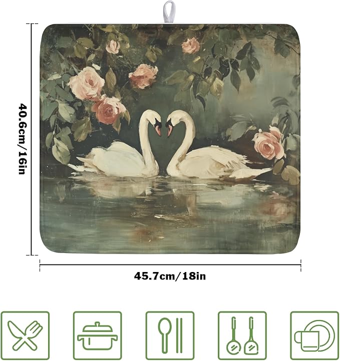 Swans Dish Drying Mat 18x16 Inch, White Swan Drying Mat with Absorbent Reversible Microfiber, Wildlife Aesthetic Dish Drainer Mats Summer Rack Pad for Coffee Countertop Kitchen Protector