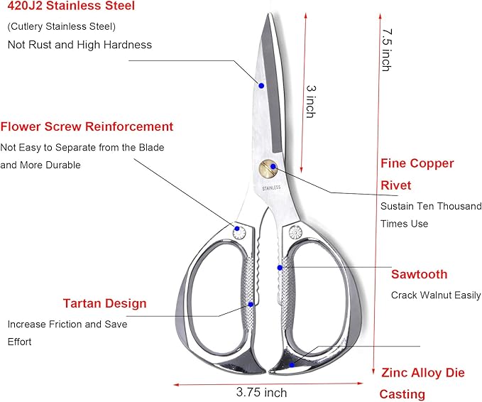 7.5in Stainless Steel Kitchen Scissors, Heavy Duty Shears for Chicken, Meat, Food, Vegetables, BBQ (Silver) - Image 2