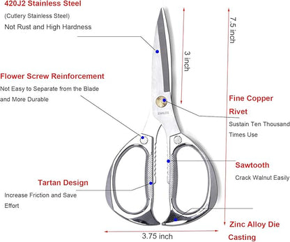 7.5in Stainless Steel Kitchen Scissors, Heavy Duty Shears for Chicken, Meat, Food, Vegetables, BBQ (Silver) - Image 2