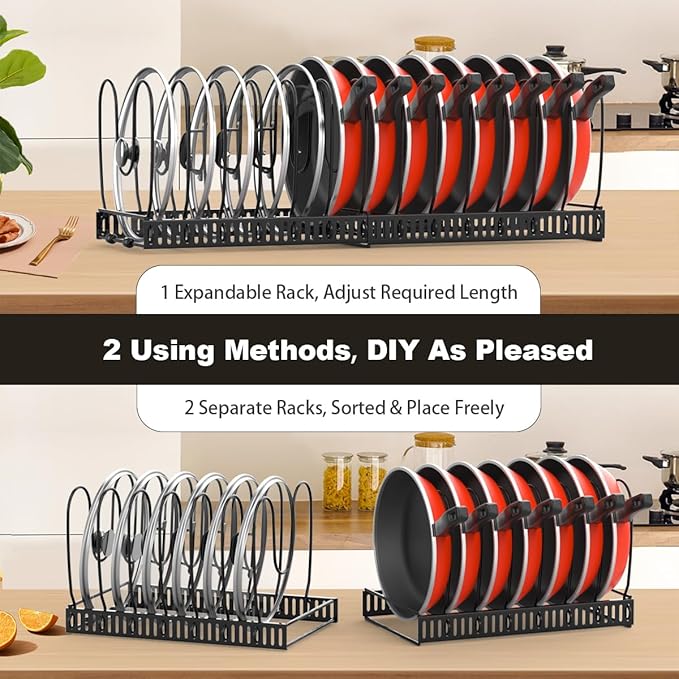 Housolution 2 Pack Pot and Pan Organizer, 12"-23" Expandable Pot Lid Organizer with 14 Adjustable Dividers, Pan Lid Holder Storage Rack for Cabinet, Black - Image 4