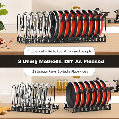 Housolution 2 Pack Pot and Pan Organizer, 12"-23" Expandable Pot Lid Organizer with 14 Adjustable Dividers, Pan Lid Holder Storage Rack for Cabinet, Black - Image 4